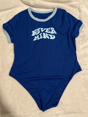 SHEIN Royal Blue Bodysuit with Light Blue Trim & "NEVER MIND" Graphic